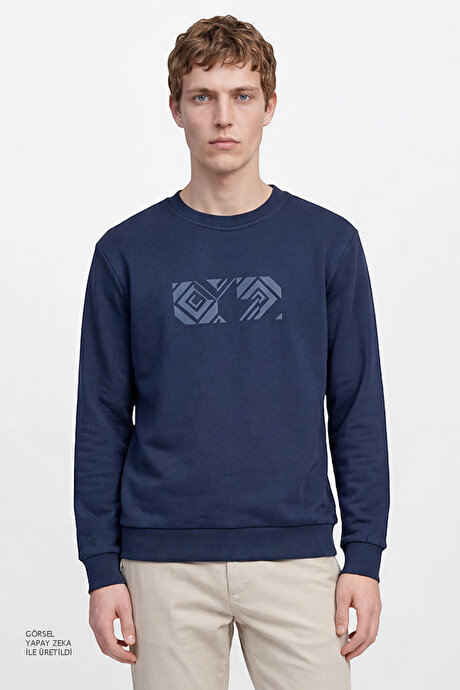 Pamuklu Standart Fit Normal Kesim Bisiklet Yaka Lacivert Sweatshirt resmi