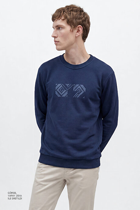 Pamuklu Standart Fit Normal Kesim Bisiklet Yaka Lacivert Sweatshirt resmi