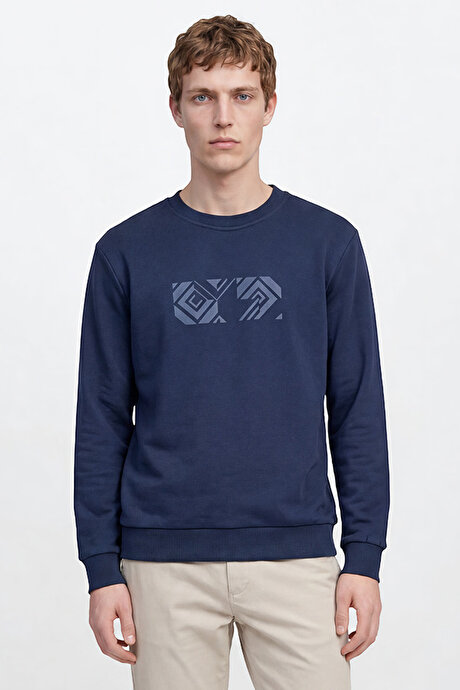 Pamuklu Standart Fit Normal Kesim Bisiklet Yaka Lacivert Sweatshirt resmi