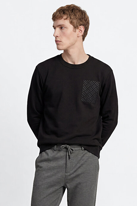 Pamuklu Standart Fit Normal Kesim Bisiklet Yaka Siyah Sweatshirt resmi
