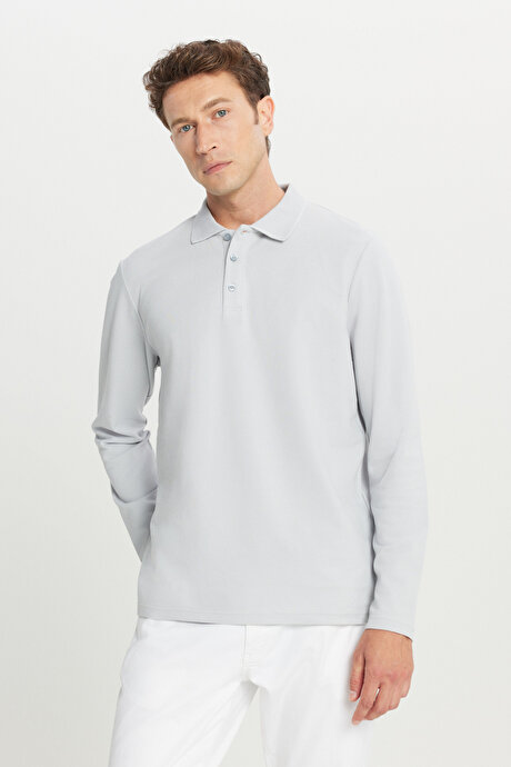 %100 Pamuk Standart Fit Normal Kesim Polo Yaka Gri Sweatshirt resmi