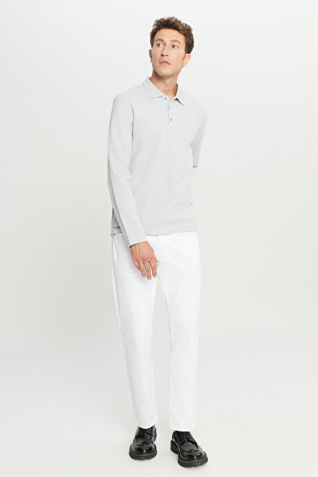 %100 Pamuk Standart Fit Normal Kesim Polo Yaka Gri Sweatshirt resmi