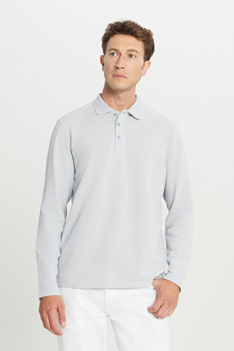 %100 Pamuk Standart Fit Normal Kesim Polo Yaka Gri Sweatshirt resmi