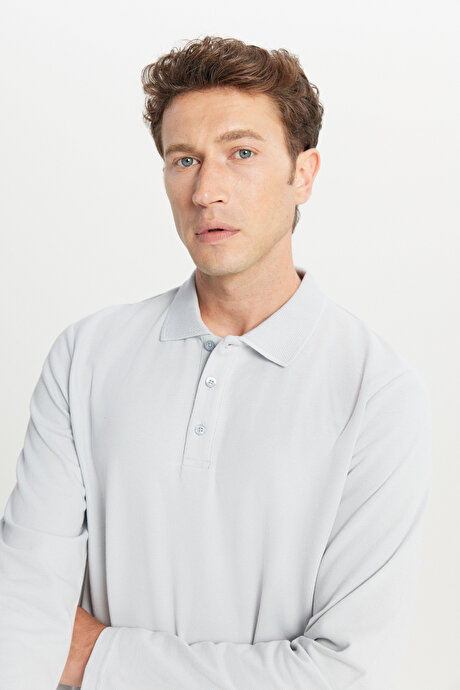 %100 Pamuk Standart Fit Normal Kesim Polo Yaka Gri Sweatshirt resmi