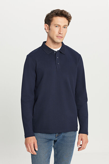 %100 Pamuk Standart Fit Normal Kesim Polo Yaka Lacivert Sweatshirt resmi