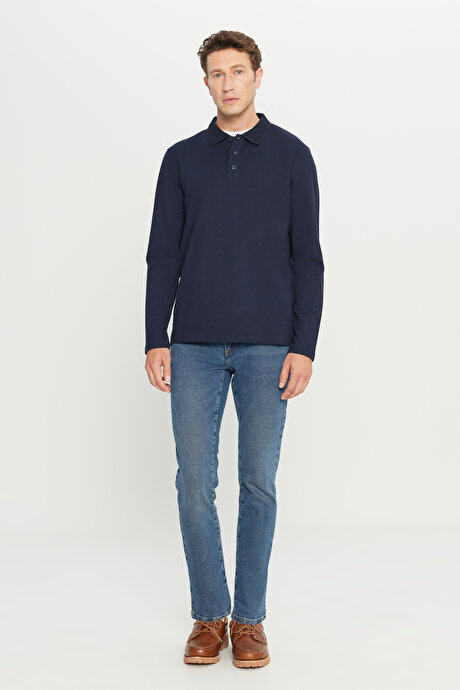 %100 Pamuk Standart Fit Normal Kesim Polo Yaka Lacivert Sweatshirt resmi