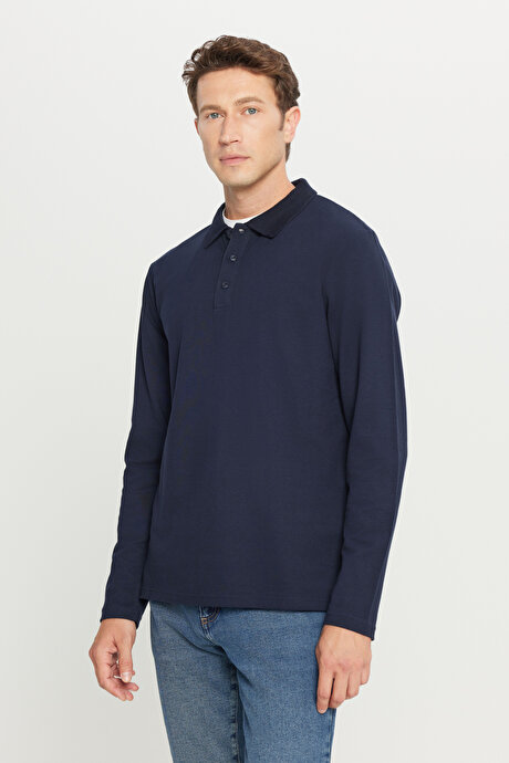 %100 Pamuk Standart Fit Normal Kesim Polo Yaka Lacivert Sweatshirt resmi