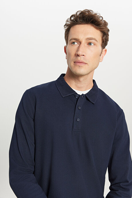 %100 Pamuk Standart Fit Normal Kesim Polo Yaka Lacivert Sweatshirt resmi