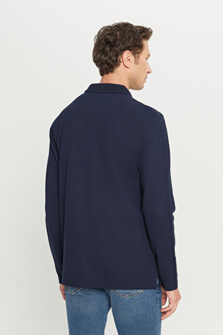 %100 Pamuk Standart Fit Normal Kesim Polo Yaka Lacivert Sweatshirt resmi