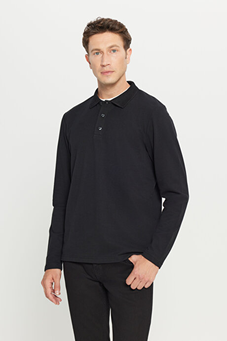 %100 Pamuk Standart Fit Normal Kesim Polo Yaka Siyah Sweatshirt resmi