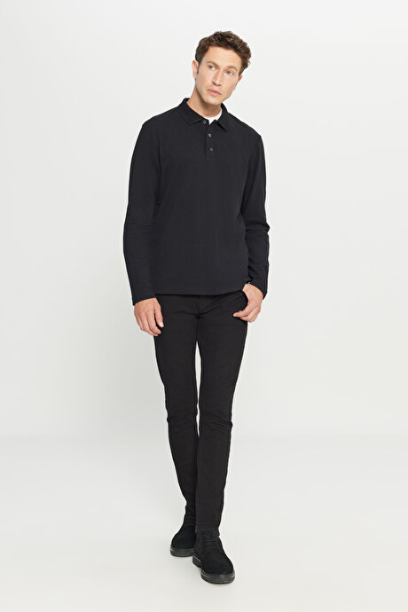 %100 Pamuk Standart Fit Normal Kesim Polo Yaka Siyah Sweatshirt resmi