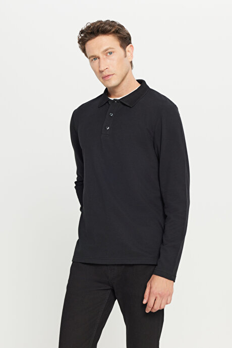 %100 Pamuk Standart Fit Normal Kesim Polo Yaka Siyah Sweatshirt resmi