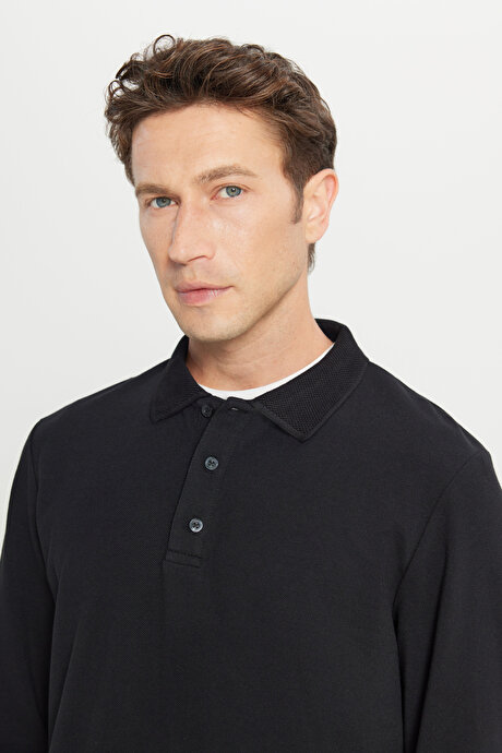 %100 Pamuk Standart Fit Normal Kesim Polo Yaka Siyah Sweatshirt resmi
