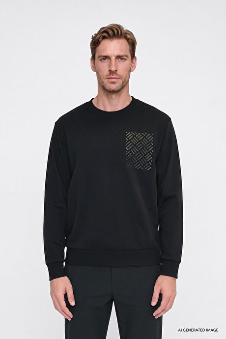 Pamuklu Standart Fit Normal Kesim Bisiklet Yaka Siyah Sweatshirt resmi