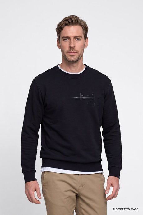 Pamuklu Standart Fit Normal Kesim Bisiklet Yaka Lacivert Sweatshirt resmi