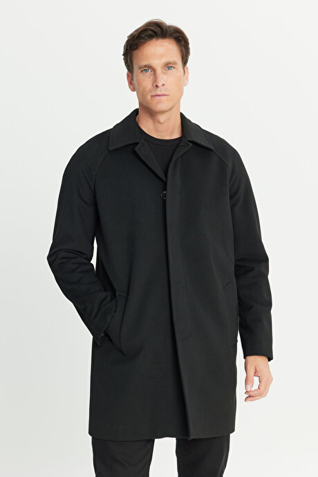 Sıcak Tutan Kaşe Standart Fit Normal Kesim Gömlek Yaka Siyah Palto resmi