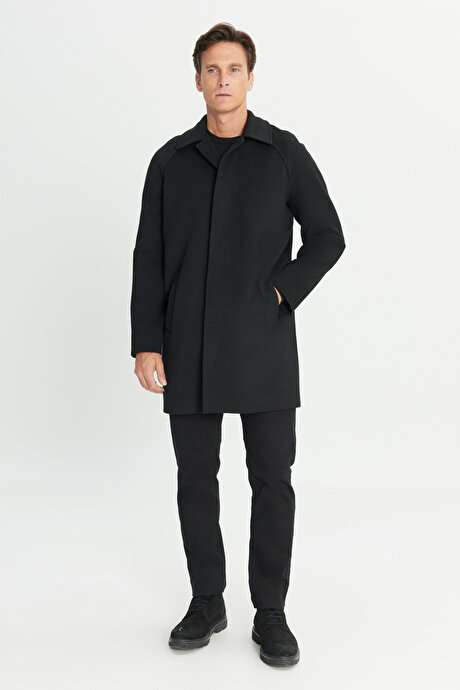 Sıcak Tutan Kaşe Standart Fit Normal Kesim Gömlek Yaka Siyah Palto resmi