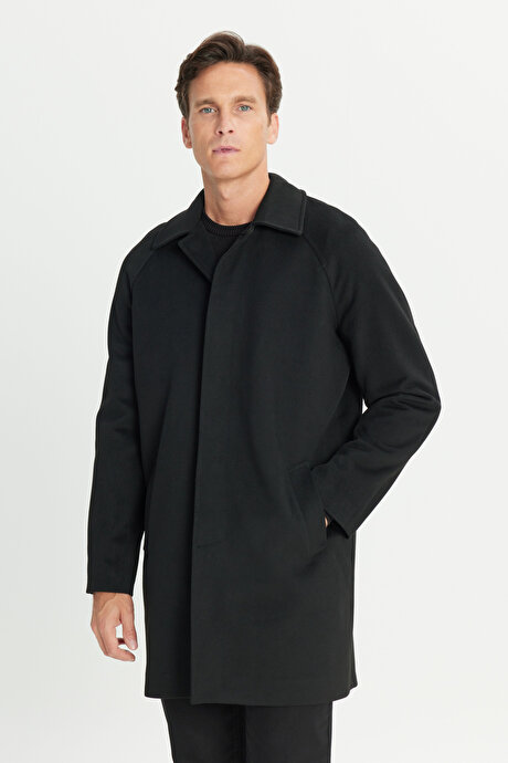 Sıcak Tutan Kaşe Standart Fit Normal Kesim Gömlek Yaka Siyah Palto resmi