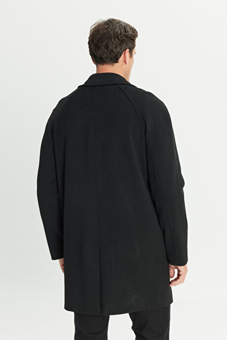 Sıcak Tutan Kaşe Standart Fit Normal Kesim Gömlek Yaka Siyah Palto resmi