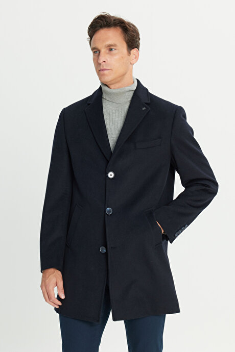 Yünlü Yan Cepli Kaşe Mono Yaka Standart Fit Normal Kesim Lacivert Palto resmi