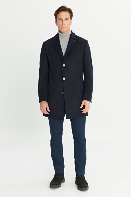 Yünlü Yan Cepli Kaşe Mono Yaka Standart Fit Normal Kesim Lacivert Palto resmi
