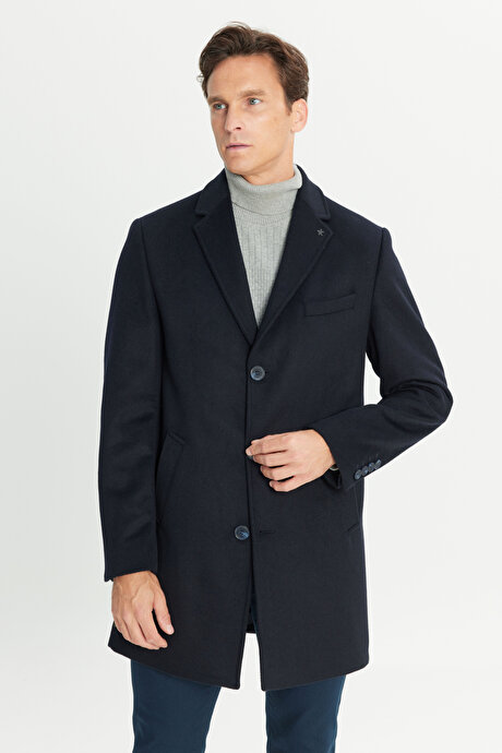 Yünlü Yan Cepli Kaşe Mono Yaka Standart Fit Normal Kesim Lacivert Palto resmi