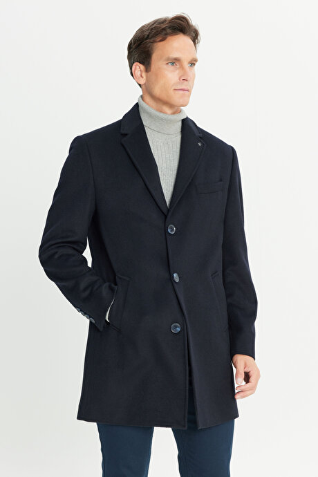 Yünlü Yan Cepli Kaşe Mono Yaka Standart Fit Normal Kesim Lacivert Palto resmi