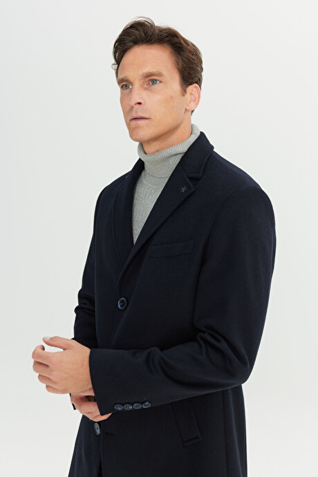 Yünlü Yan Cepli Kaşe Mono Yaka Standart Fit Normal Kesim Lacivert Palto resmi