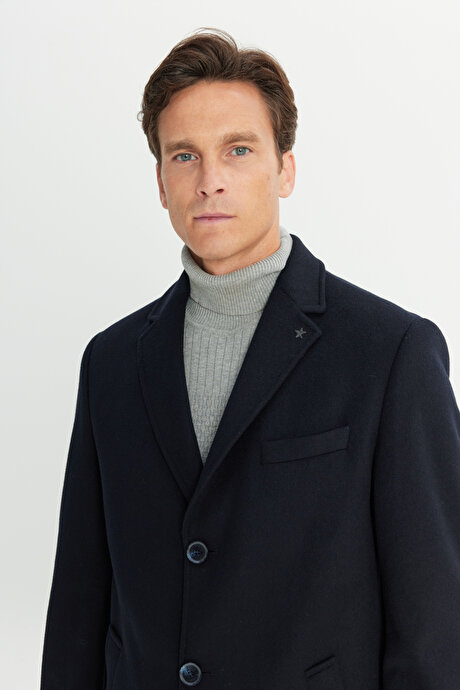 Yünlü Yan Cepli Kaşe Mono Yaka Standart Fit Normal Kesim Lacivert Palto resmi