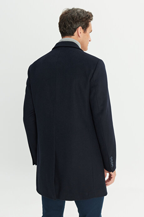 Yünlü Yan Cepli Kaşe Mono Yaka Standart Fit Normal Kesim Lacivert Palto resmi