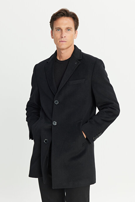 Yünlü Yan Cepli Kaşe Mono Yaka Standart Fit Normal Kesim Siyah Palto resmi