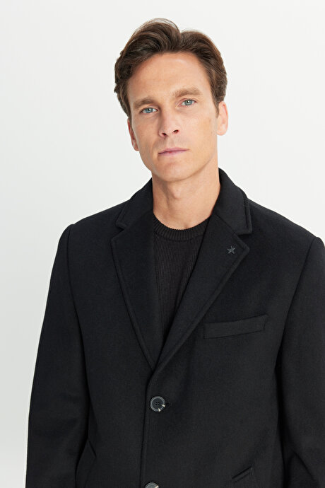 Yünlü Yan Cepli Kaşe Mono Yaka Standart Fit Normal Kesim Siyah Palto resmi