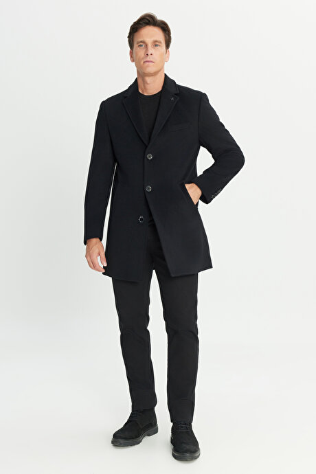 Yünlü Yan Cepli Kaşe Mono Yaka Standart Fit Normal Kesim Siyah Palto resmi