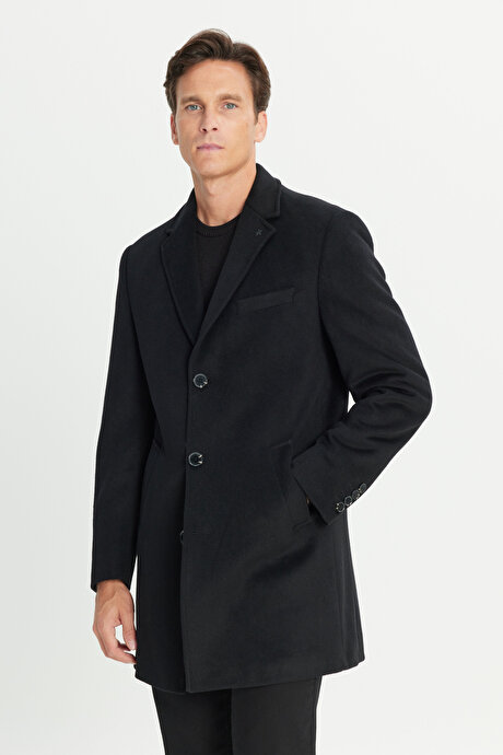 Yünlü Yan Cepli Kaşe Mono Yaka Standart Fit Normal Kesim Siyah Palto resmi