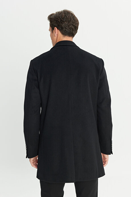 Yünlü Yan Cepli Kaşe Mono Yaka Standart Fit Normal Kesim Siyah Palto resmi