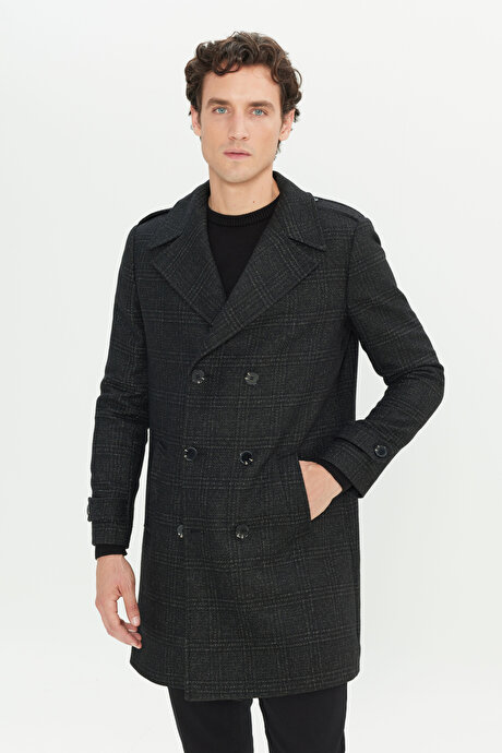 Yünlü Standart Fit Normal Kesim Mono Yaka Yan Cepli Siyah Palto resmi