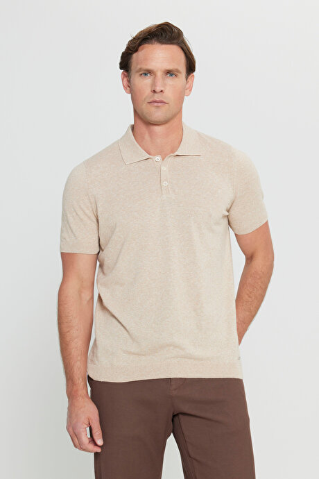 Pamuklu Keten Standart Fit Normal Kesim Polo Yaka Triko Bej Tişört resmi