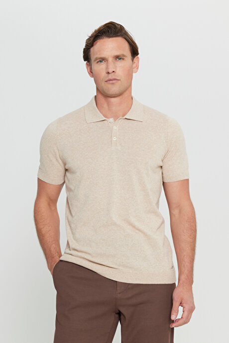 Pamuklu Keten Standart Fit Normal Kesim Polo Yaka Triko Bej Tişört resmi