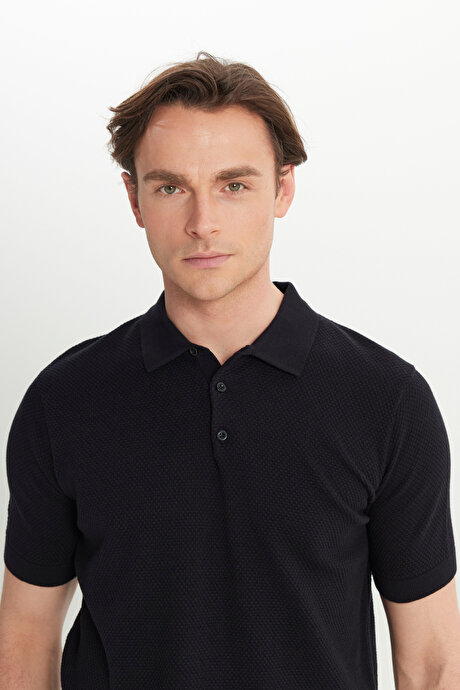 %100 Pamuk Standart Fit Normal Kesim Polo Yaka Jakarlı Triko Siyah Tişört resmi