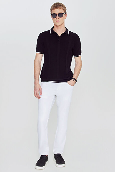 %100 Pamuk Standart Fit Normal Kesim Jakarlı Triko Polo Yaka Siyah Tişört resmi