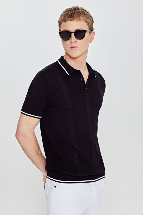 %100 Pamuk Standart Fit Normal Kesim Jakarlı Triko Polo Yaka Siyah Tişört resmi