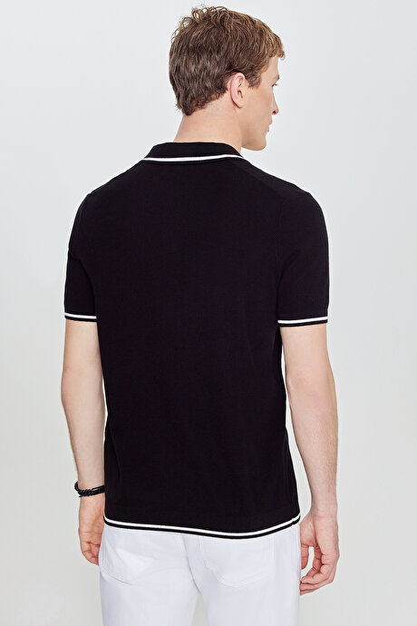 %100 Pamuk Standart Fit Normal Kesim Jakarlı Triko Polo Yaka Siyah Tişört resmi