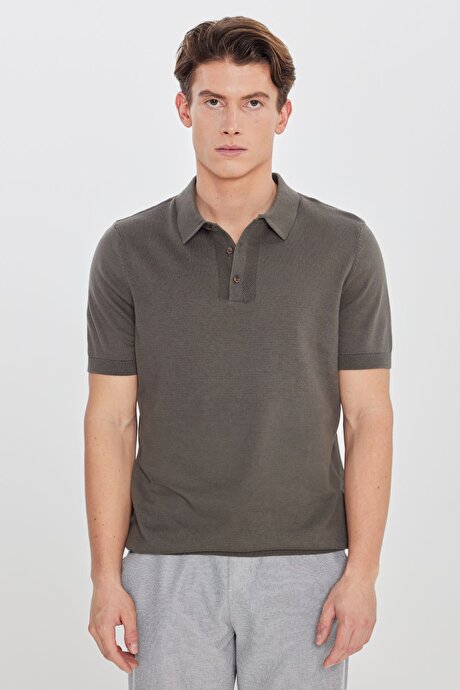 %100 Pamuk Standart Fit Normal Kesim Polo Yaka Triko Haki Tişört resmi