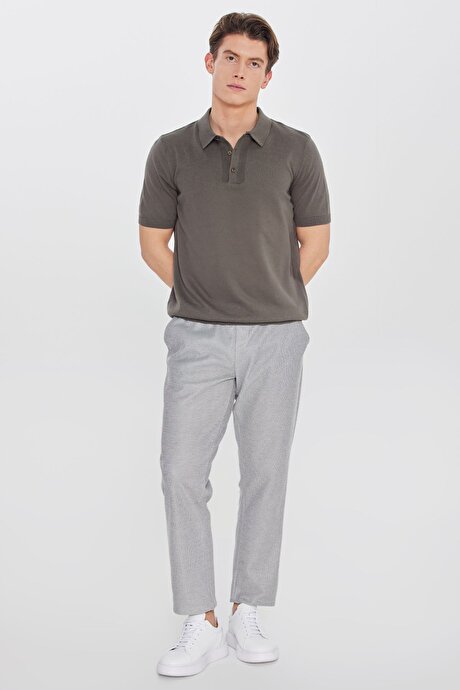 %100 Pamuk Standart Fit Normal Kesim Polo Yaka Triko Haki Tişört resmi