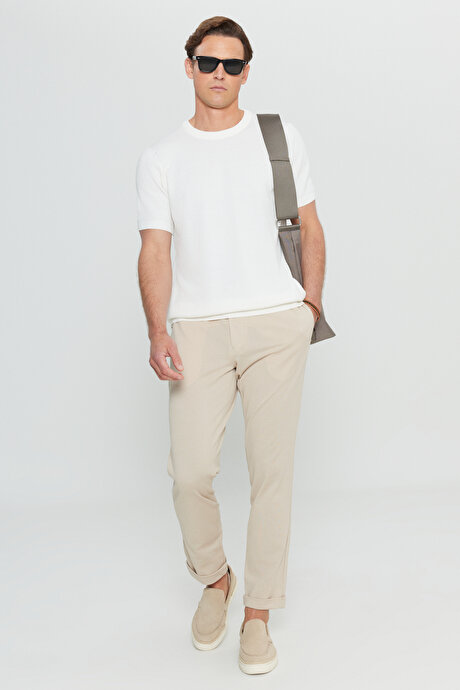 %100 Pamuk Standart Fit Normal Kesim Bisiklet Yaka Triko Ekru Tişört resmi