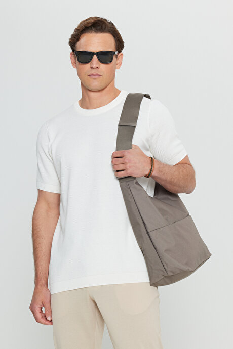 %100 Pamuk Standart Fit Normal Kesim Bisiklet Yaka Triko Ekru Tişört resmi