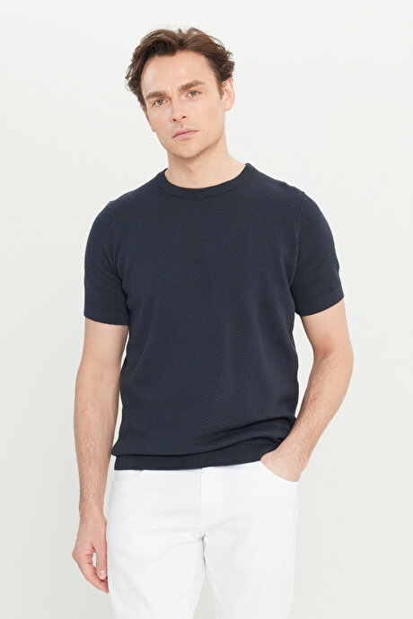 %100 Pamuk Standart Fit Normal Kesim Bisiklet Yaka Triko Lacivert Tişört resmi