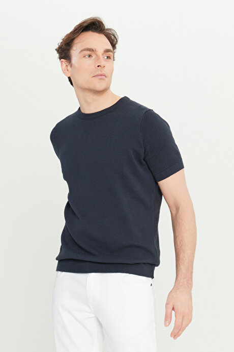 %100 Pamuk Standart Fit Normal Kesim Bisiklet Yaka Triko Lacivert Tişört resmi