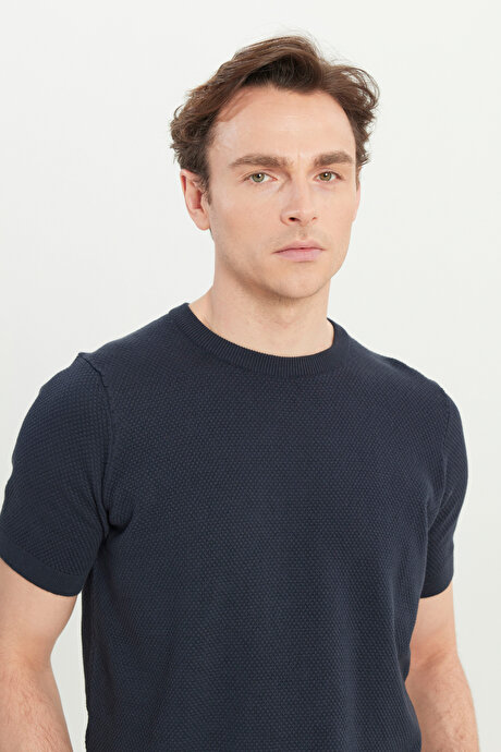 %100 Pamuk Standart Fit Normal Kesim Bisiklet Yaka Triko Lacivert Tişört resmi