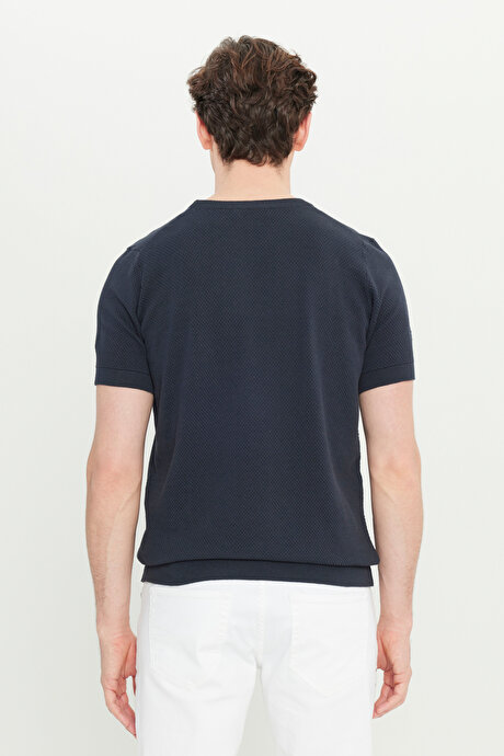 %100 Pamuk Standart Fit Normal Kesim Bisiklet Yaka Triko Lacivert Tişört resmi